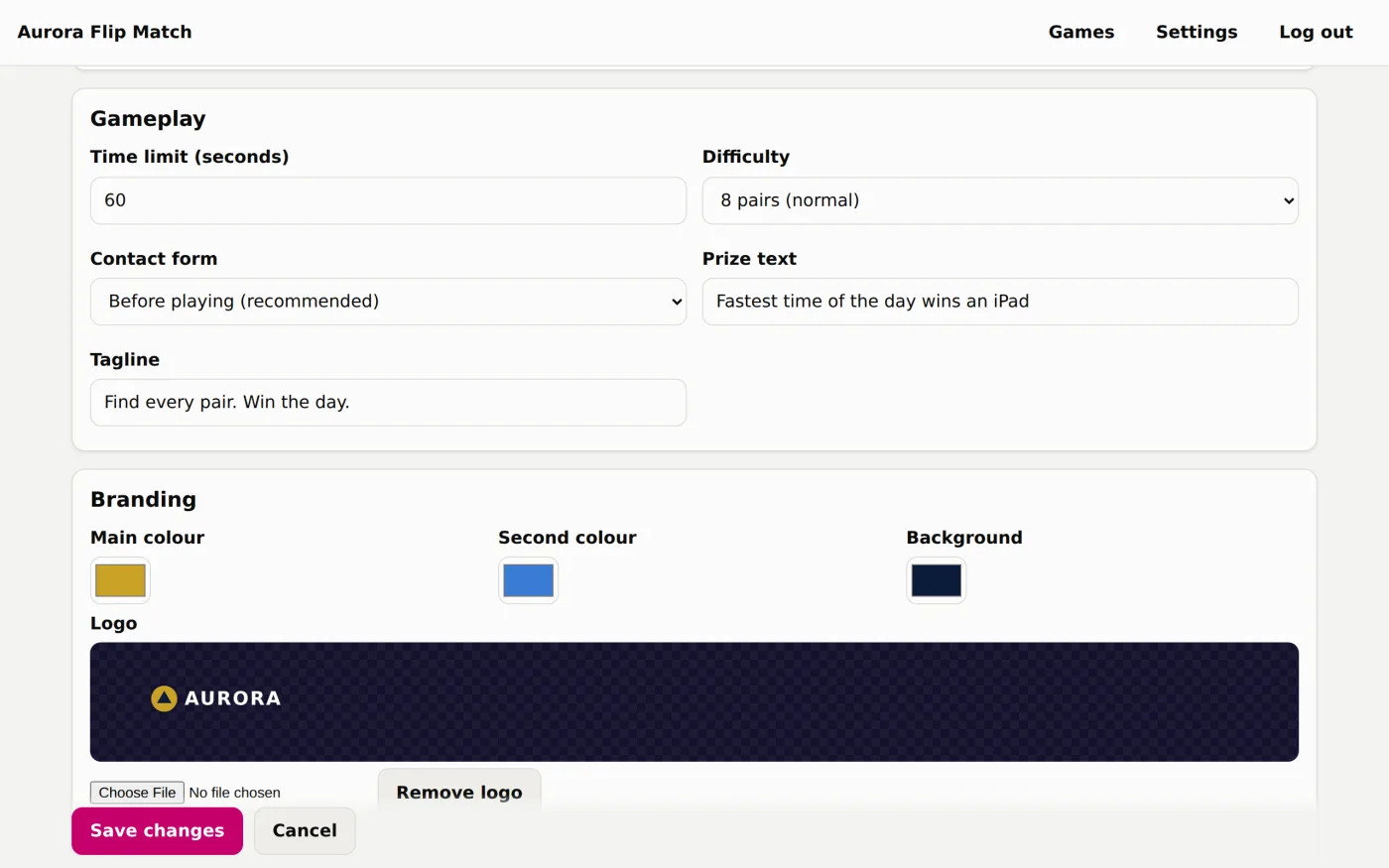 Admin screen where the main colour, second colour, background and logo of a game are set