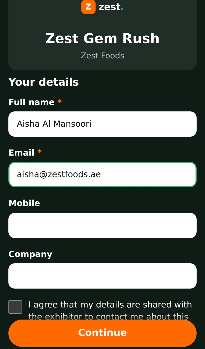 Contact form with name, email, mobile and company fields and a consent tick box
