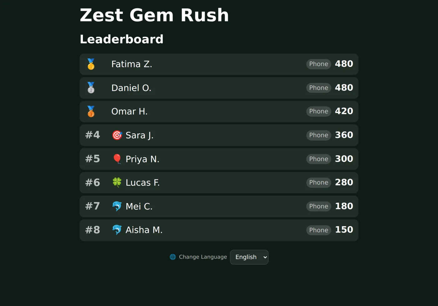 Leaderboard page branded orange and green with medal emojis and player scores