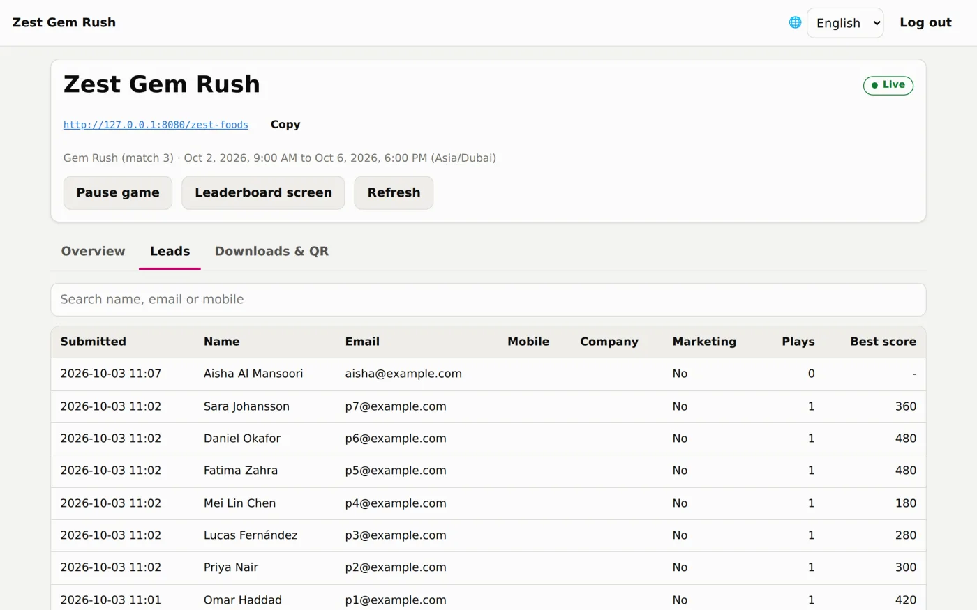 Leads table with submitted time, name, email, mobile, marketing consent, plays and best score