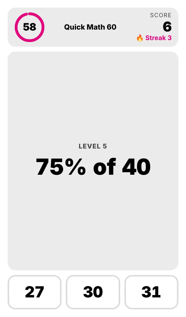 لعبة Quick Math 60 على هاتف: حلقة عدّ تنازلي والنتيجة ومسألة وثلاثة أزرار للإجابة