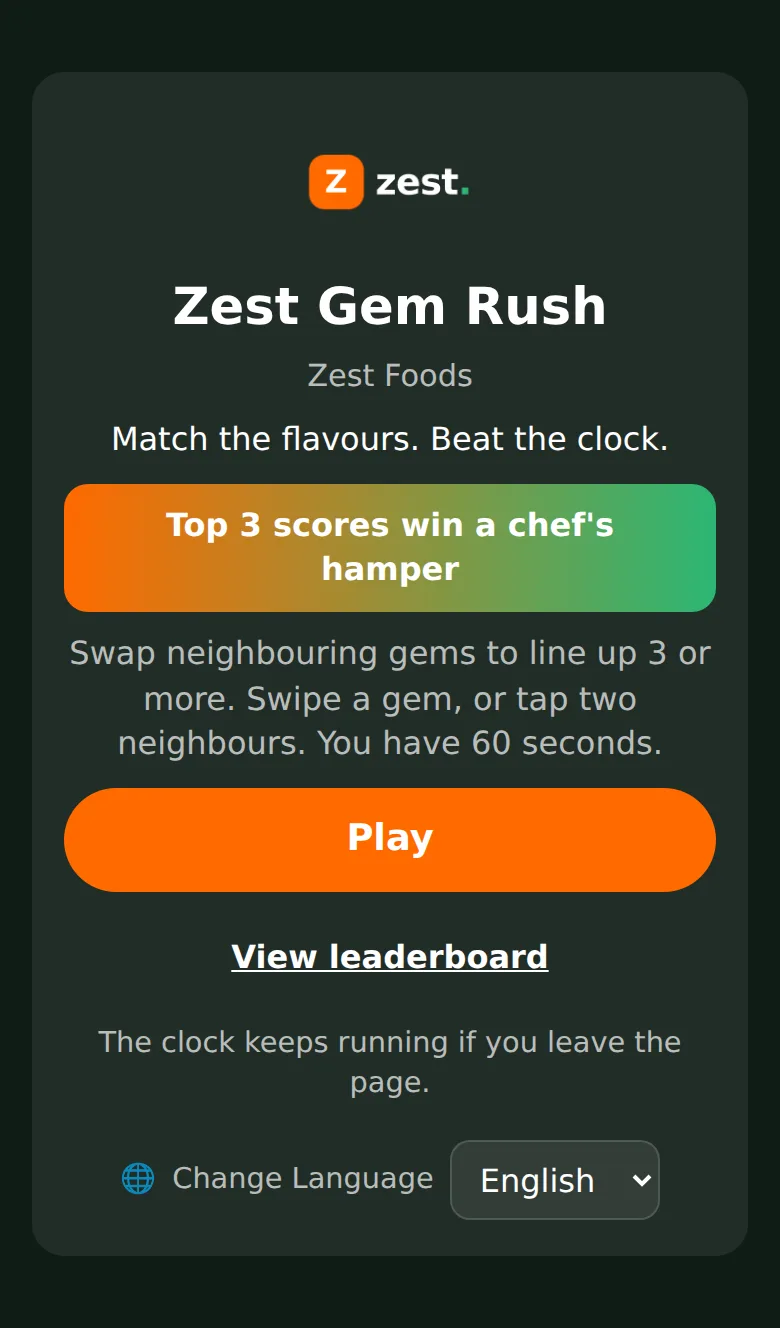 The same start screen branded for a food brand in orange and green