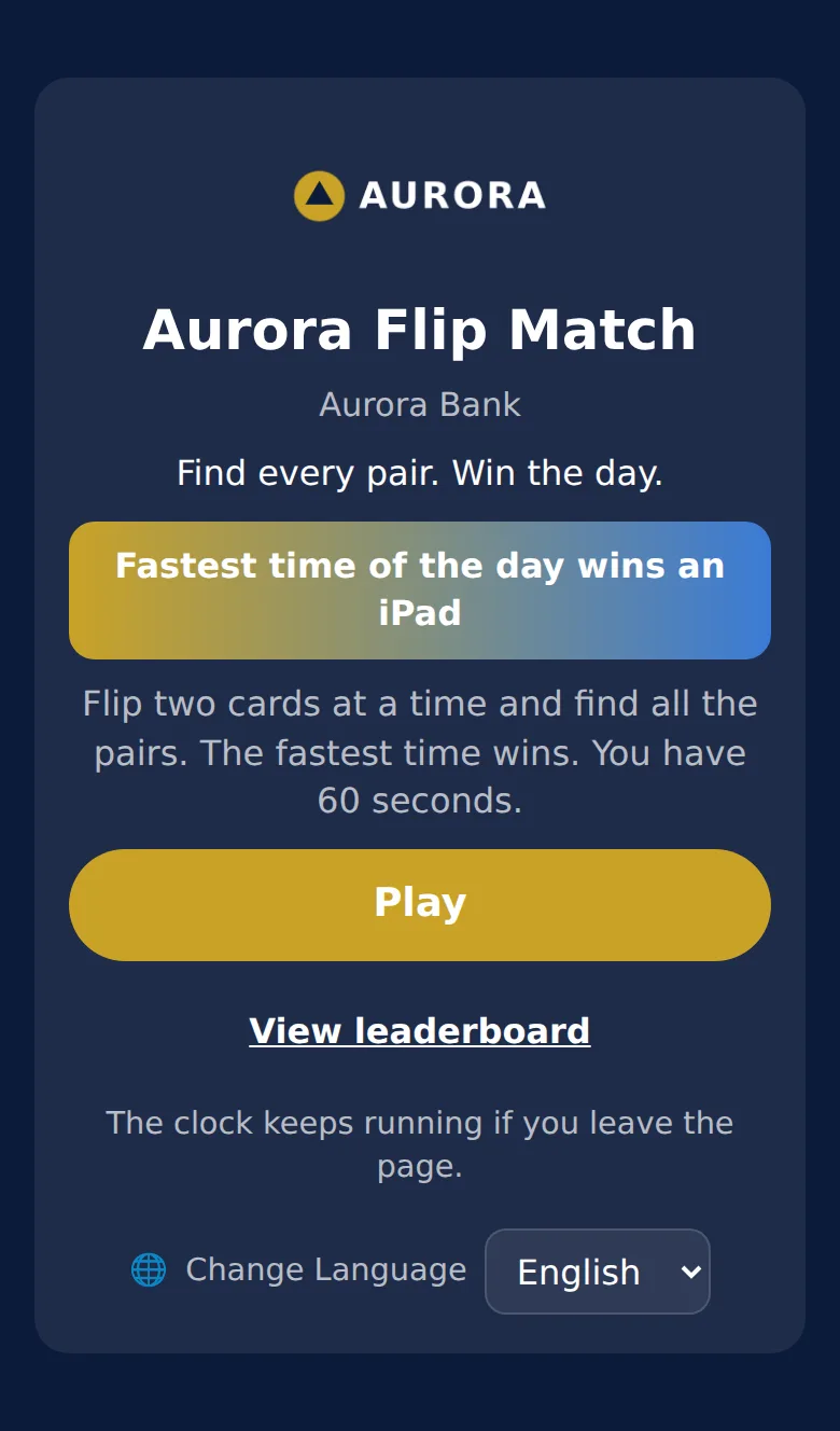 Start screen branded for a bank: logo, gold play button, prize text 'Fastest time of the day wins an iPad'